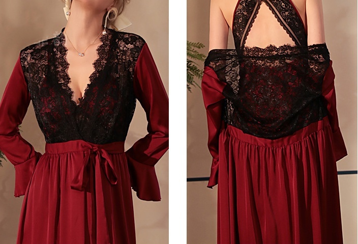 Elegant Female Nighty Robe Set Long Bathrobe Nightgown Sexy Lace Trim Nightdress